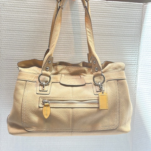 Coach Women’s Cream Pebbled Leather Penelope Ruffled Shouldered Satchel Bag: S-M - Picture 2 of 11